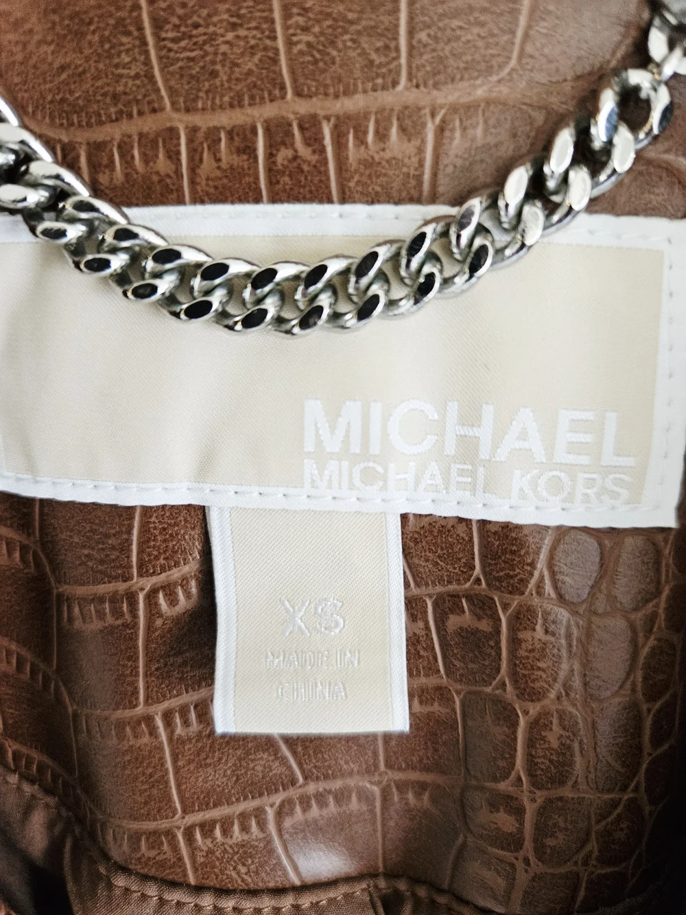 Michael Kors Women's Brown Faux Croc Moto Jacket with Belt
